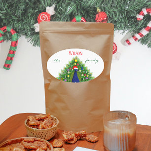 Adesivo Oval Nome da Família do Pavão da Árvore de Natal
