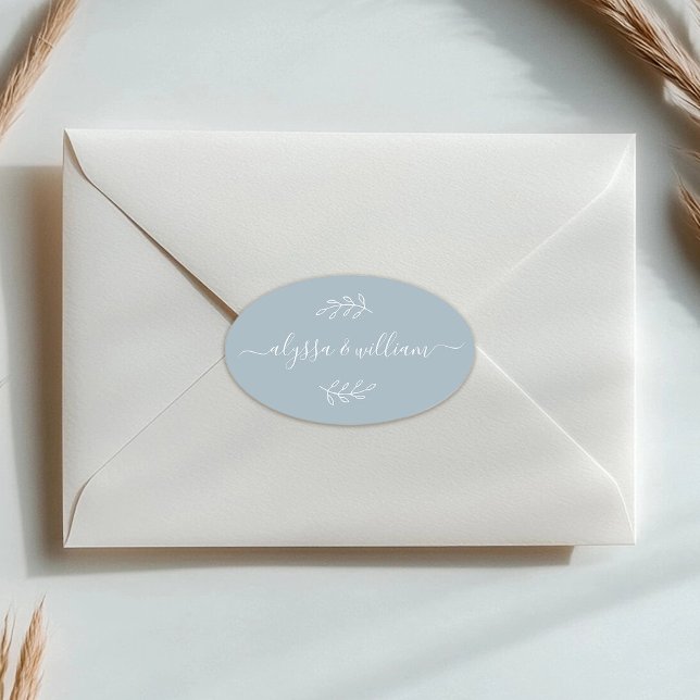 Adesivo Oval Nome de Script Moderno Simples Dusty Blue Rustic (Criador carregado)