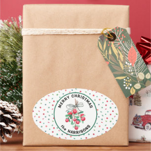 Adesivo Oval Nome, Feliz Natal, Mistletoe Candy Pattern