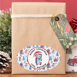 Adesivo Oval Nome, Feliz Natal Padrão de Pinguim Fofo