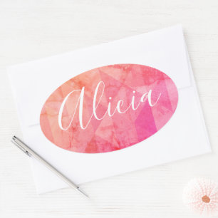 Adesivo Oval Nome personalizado grunge rosa laranja aquarela