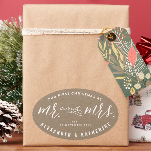 Adesivo Oval Nosso Primeiro Natal Como Casados Kraft Casamento (Feriado)