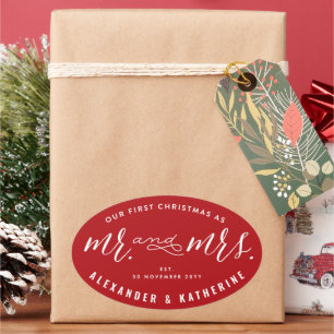 Adesivo Oval Nosso Primeiro Natal Como Senhor e Senhora Casamen