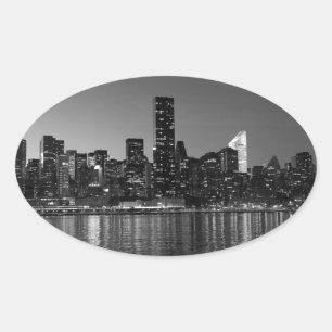 Adesivo Oval Nova Iorque de Skyscapers Branco Preto Silhouette