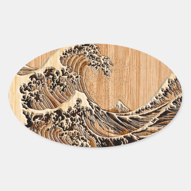 Adesivo Oval O Excelente Hokusai Wave Bamboo Wood Style (Frente)
