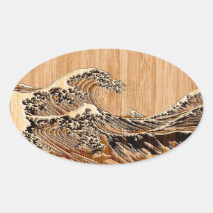 Adesivo Oval O Excelente Hokusai Wave Bamboo Wood Style