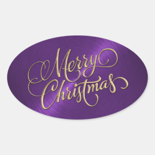 Adesivo Oval O ouro e o roxo do Feliz Natal gravaram o olhar