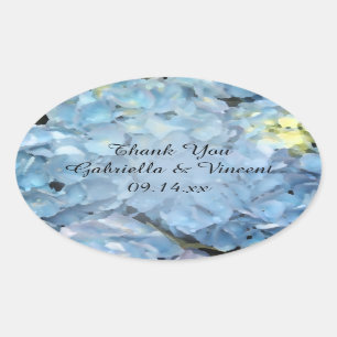 Adesivo Oval Obrigado azul do casamento da flor do Hydrangea