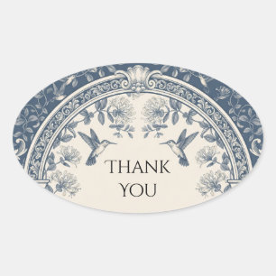 Adesivo Oval Obrigado Casamento Floral Beija-flor Marinho