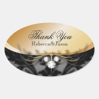 Adesivo Oval Obrigado de casamento tema damasco preto Dourado e