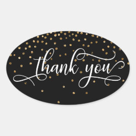 Adesivo Oval Obrigado Elegante Script, Confete Dourado em Preto