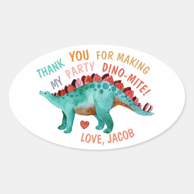 Adesivo Oval Obrigado Festa De Dinossauro Por Aquarela (Frente)