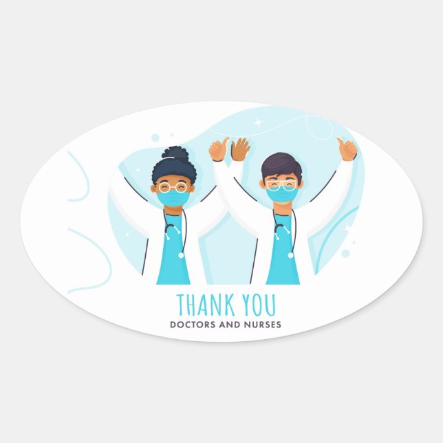 Adesivo Oval Obrigado, médicos e enfermeiras. (Frente)
