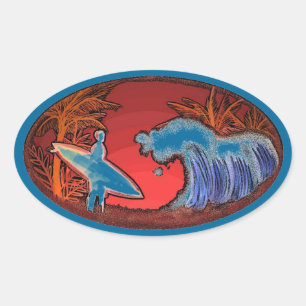 Adesivo Oval Ondas de surfista marinho gravador azul de praia