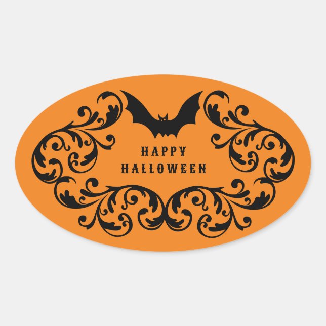 Adesivo Oval Orange Damask Glam Bats and Spider Happy Halloween (Frente)