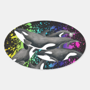 Adesivo Oval Orca Whales Watercolor Splash Black