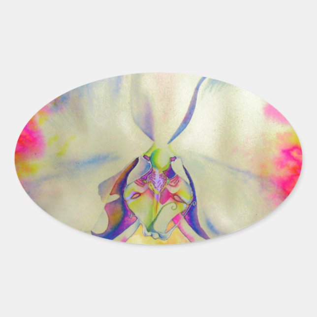 Adesivo Oval Orquídea rosa, florais de aquarelas surreais (Frente)