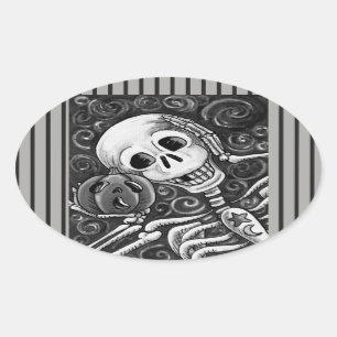 ADESIVO OVAL OUÇA O SEU BOMBEIRO, HALLOWEEN SKELETON STICKER