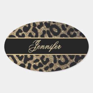 Adesivo Oval Ouro elegante e impressão azul do leopardo