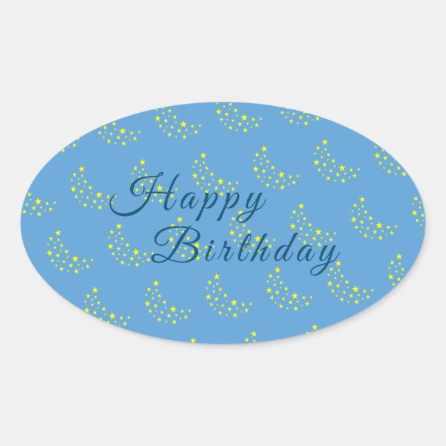 Adesivo Oval Ouro Starry Moon, Picton Blue Happy Birday (Frente)