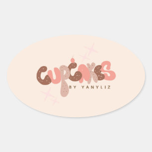 Adesivo Oval Padaria Letreiro à Mão Cupcake Negócios