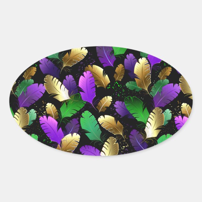 Adesivo Oval Padrão contínuo com penas de Mardi Gras (Frente)