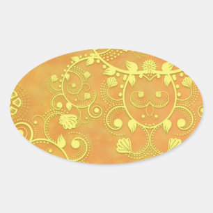 Adesivo Oval Padrão Damasco Floral Fancy Amarelo Dourado