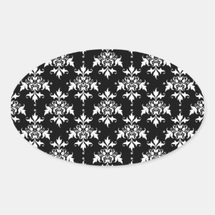 Adesivo Oval Padrão Damasko Floral Preto e Branco