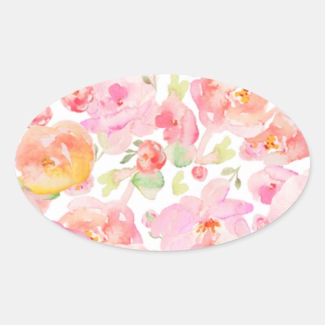 Adesivo Oval Padrão de Aquarela Floral Rosa (Frente)