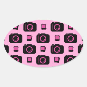 Adesivo Oval Padrão de Câmera Preta Cor-de-Rosa com Estilo Retr
