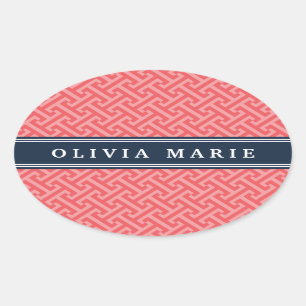 Adesivo Oval Padrão de Chave Grega Rosa de Melancia Incluso co