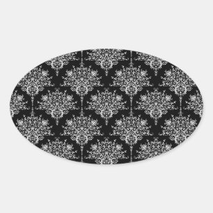 Adesivo Oval Padrão de Damasco Preto e Branco Elegante