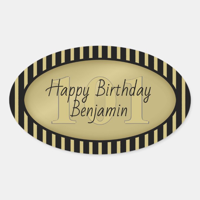 Adesivo Oval Padrão de faixas simples Douradas/pretas de idade  (Frente)