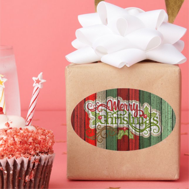 Adesivo Oval Padrão de Pavimentos de Madeira Vermelho Verde Per (Festa)