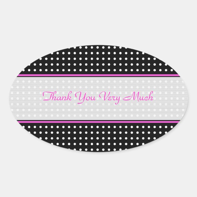 Adesivo Oval Padrão de Polka-Dot de Vintage Preto Branco e Rosa (Frente)