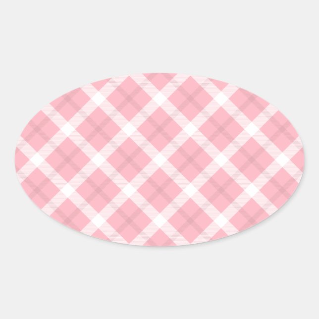 Adesivo Oval Padrão De Tartan Cor-De-Rosa E Branco (Frente)