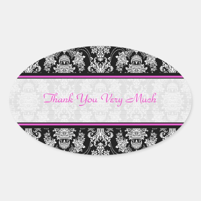 Adesivo Oval Padrão Floral Barroco - Preto - Branco e Rosa (Frente)
