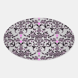 Adesivo Oval Padrão Floral Damasco Preto Prateado Roxo Elegante