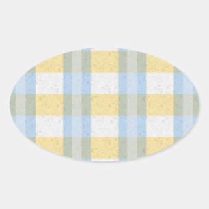 Adesivo Oval Padrão Xadrez Azul Pastel e Amarelo