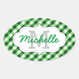Adesivo Oval Padrão Xadrez Verde Elegante Nome Personalizado