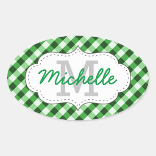 Adesivo Oval Padrão Xadrez Verde Elegante Nome Personalizado
