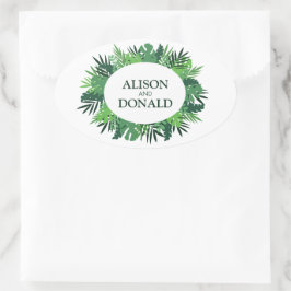 Adesivo Oval Palmeiras tropicais folhas de casamentos florais
