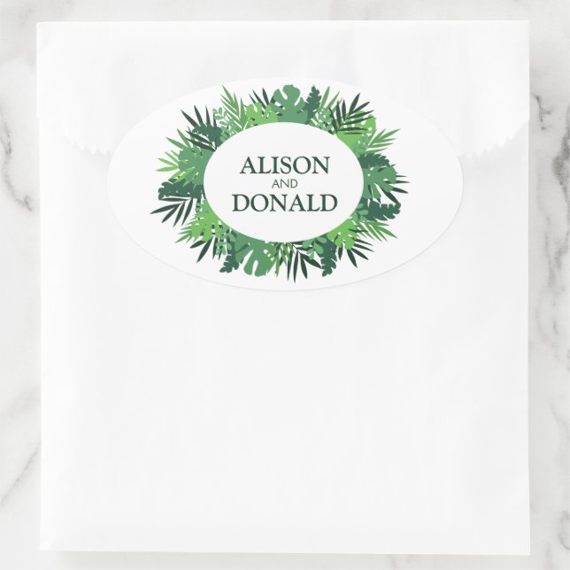 Adesivo Oval Palmeiras tropicais folhas de casamentos florais (Bolsa)