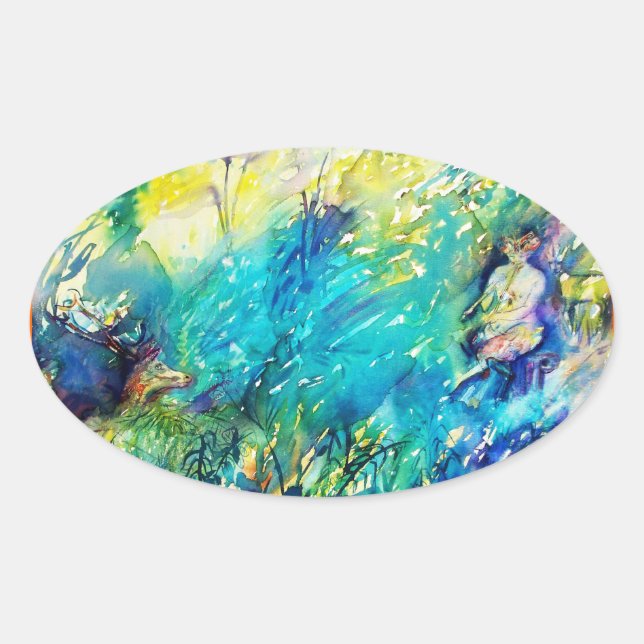 ADESIVO OVAL PAN BRINCANDO FLUTA E CERVEJA EM TERRA VERDE (Frente)