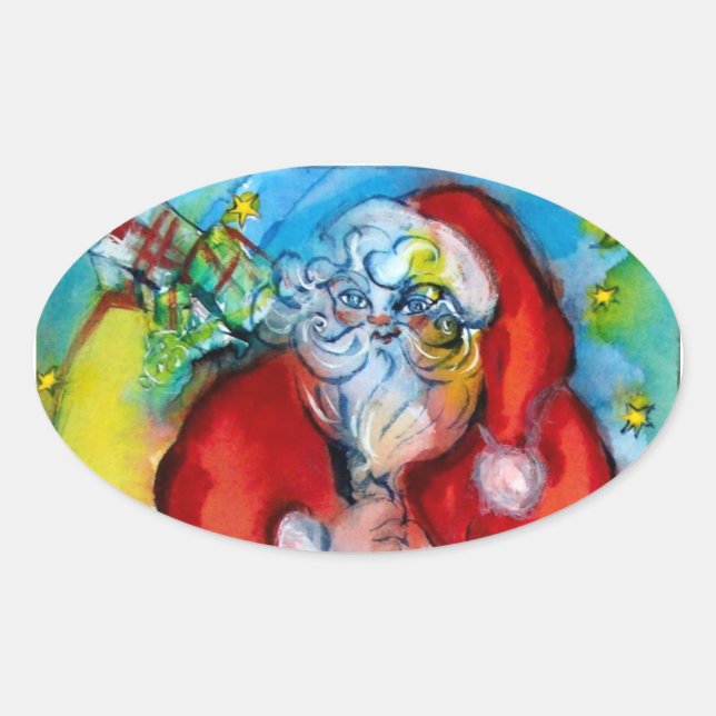 Adesivo Oval Papai Noel com lanterna na noite de Natal (Frente)
