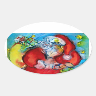 Adesivo Oval Papai Noel com lanterna na noite de Natal