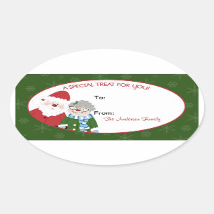 Adesivo Oval Papai Noel e Sra. Claus Oval Cozimento Rotulagem