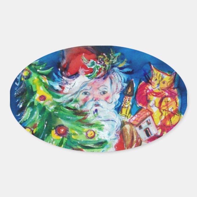 ADESIVO OVAL PAPAIS NOEIS COM ÁRVORE DE NATAL E PRESENTES (Frente)