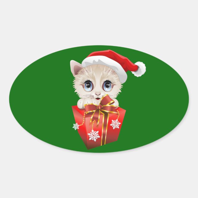 Adesivo Oval Papais noeis de Natal de Kitten com presentes (Frente)