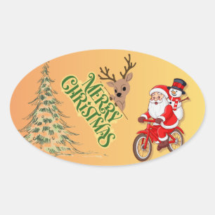 Adesivo Oval Papais noeis e Reindeer Natal